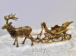 Grand Large & Heavy Vintage Solid Brass Christmas Reindeer and Sleigh 5 Pieces