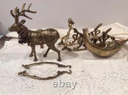 Grand Large & Heavy Vintage Solid Brass Christmas Reindeer and Sleigh 5 Pieces