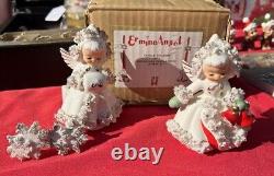 HOLT HOWARD Christmas Ermine Angel Candle Holders in ORIGINAL BOX