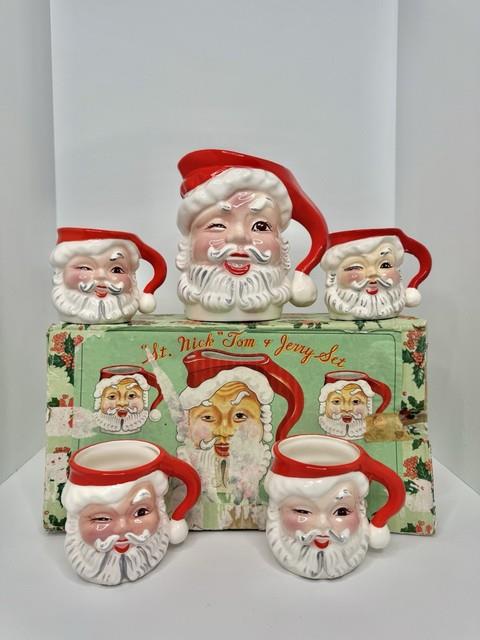 Htf Vintage Mcm Napco Winking Santa Pitcher Set With4 Cups New In Box