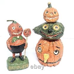 Halloween Bethany Lowe Debra Schoch Pumpkin Boy & Totem Pumpkin Heads Folk Art