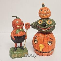 Halloween Bethany Lowe Debra Schoch Pumpkin Boy & Totem Pumpkin Heads Folk Art