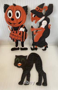 Halloween German Die Cut Black Cat Pumpkin Man Witch with Broom Embossed Cut Out Halloween German Die Cut Black Cat Pumpkin Man Witch with Broom Embossed Cut Out