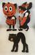 Halloween German Die Cut Black Cat Pumpkin Man Witch With Broom Embossed Cut Out