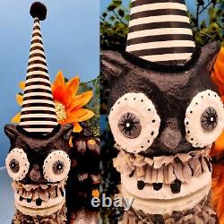 Halloween Owl Striped Party Hat Paper Mache Style Figure Black White Pom Decor