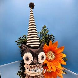 Halloween Owl Striped Party Hat Paper Mache Style Figure Black White Pom Decor