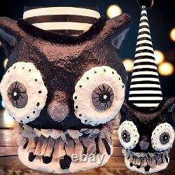 Halloween Owl Striped Party Hat Paper Mache Style Figure Black White Pom Decor