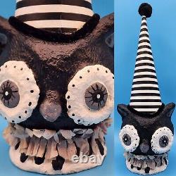 Halloween Owl Striped Party Hat Paper Mache Style Figure Black White Pom Decor