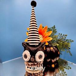 Halloween Owl Striped Party Hat Paper Mache Style Figure Black White Pom Decor