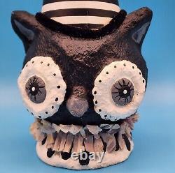 Halloween Owl Striped Party Hat Paper Mache Style Figure Black White Pom Decor