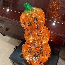 Halloween Spun Spaghetti Plastic Pumpkin Jack o Lantern Lights Up stack of 3