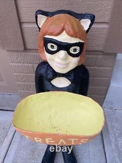 Halloween paper mache costume girl holds candy treat dish Decoration Vintage