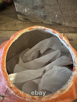 Huge Antique Paper Mache Pumpkin Jack O Lantern Pulp Candy Cookie Jar 9