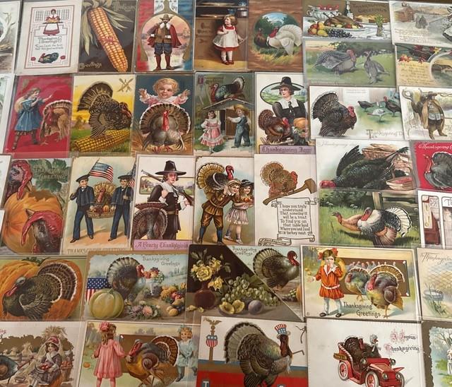 Huge Lot Of 46 Antiquethanksgiving Postcards1900's Turkeyscornpilgrimsetc