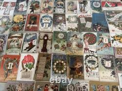 Huge Lot of 75 New Year Antique1900sPostcards-ClocksCalendarsYearsKids-m47