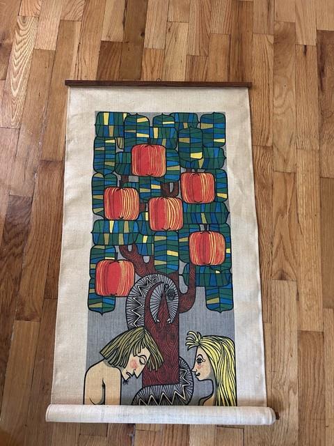 Kalle Berglund Adam And Eve In Paradise Swedish Wall Hanging Linen Mcm Art Rare