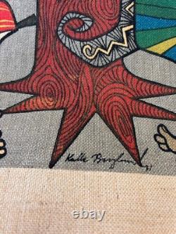 Kalle Berglund Adam and Eve in paradise Swedish Wall hanging Linen MCM Art Rare