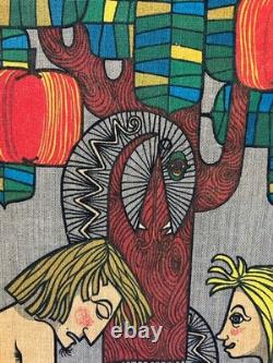 Kalle Berglund Adam and Eve in paradise Swedish Wall hanging Linen MCM Art Rare