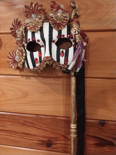 Katherine's Collection Masquerade Mask On Stick Mardi Gras Black Retired