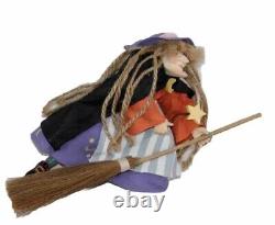 Kitchen Witch Good Luck Baba Yaga Paper Mache Wood Carved Flying Broomstick