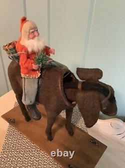 Large Antique Santa On Donkey Nodder German Candy Container Vtg Christmas Toy