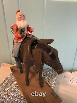 Large Antique Santa On Donkey Nodder German Candy Container Vtg Christmas Toy