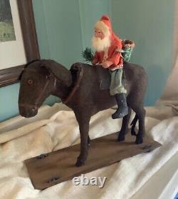 Large Antique Santa On Donkey Nodder German Candy Container Vtg Christmas Toy