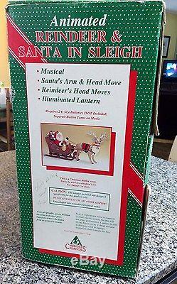 Large animated reindeer & santa in sleigh 1997 holiday creation works w box