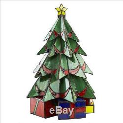 Leaded Stained Glass Decorated Gold Star Topped Christmas Tree Lighted Sculpture