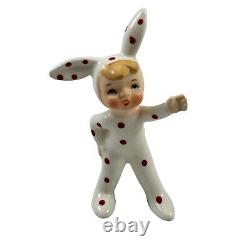 Lefton 2 Easter Bunny Girl Pixies Figurines Red White Polka Dot Vintage 1950s