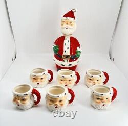 Lefton Ceramic Santa Claus Decanter Bottle and 6 Mini Mugs #1383 Vintage Japan