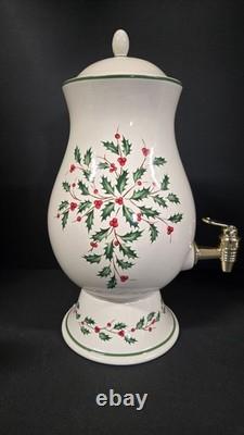 Lenox Holiday Beverage Dispenser Holly Ceramic Gold Spigot w Lid Box