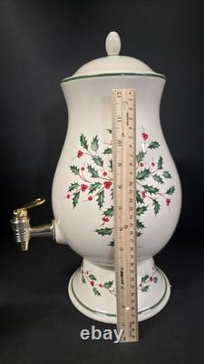 Lenox Holiday Beverage Dispenser Holly Ceramic Gold Spigot w Lid Box