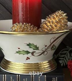 Lenox Holiday Nouveau Round Vegetable Candy Bowl Holly and 24 K Gold Accent USA