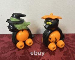 Lot Of 2 Vintage Original Halloween Fun World Rolling Witch & Cat Toy As-Is