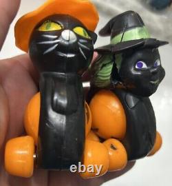 Lot Of 2 Vintage Original Halloween Fun World Rolling Witch & Cat Toy As-Is