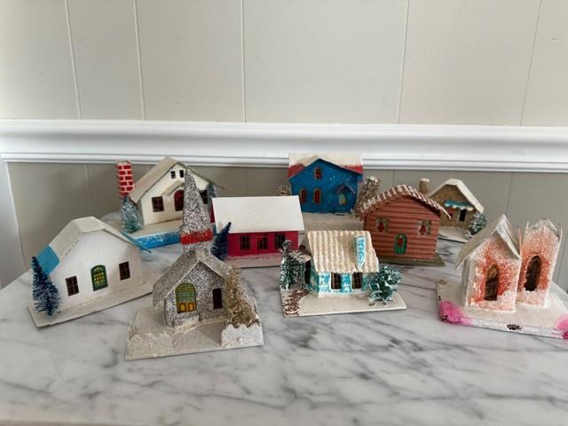Lot Of 9 Putz Christmas Village Cardboard Houses Japan Glitter Vintage 30s-50s