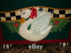 MACKENZIE CHILDS Courtly Check wood sleigh swan Christmas card box centerpiece