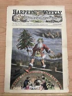 MERRY CHRISTMAS HARPER'S WEEKLY 1869 HAND-COLORED ENGRAVING 16x 11