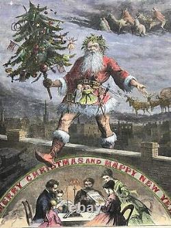 MERRY CHRISTMAS HARPER'S WEEKLY 1869 HAND-COLORED ENGRAVING 16x 11