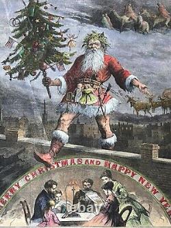 MERRY CHRISTMAS HARPER'S WEEKLY 1869 HAND-COLORED ENGRAVING 16x 11