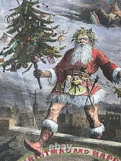 MERRY CHRISTMAS HARPER'S WEEKLY 1869 HAND-COLORED ENGRAVING 16x 11