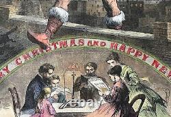 MERRY CHRISTMAS HARPER'S WEEKLY 1869 HAND-COLORED ENGRAVING 16x 11