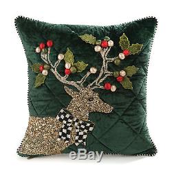 MacKenzie-Childs 18 Jeweled Deer & Courtly Check Christmas Pillow-Hunter Green