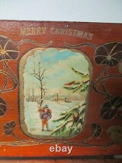 Marvelous Old Merry Christmas Wood Cigar Box w Children in Snow Pennsylvania