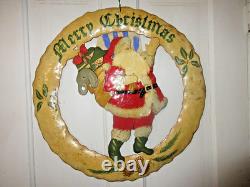 Mid Century Folk Art Metal Santa Wreath 22 Heavy Torch Cut Hand Painted with Bag