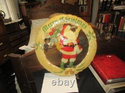 Mid Century Folk Art Metal Santa Wreath 22 Heavy Torch Cut Hand Painted with Bag