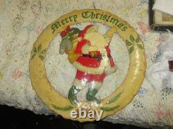 Mid Century Folk Art Metal Santa Wreath 22 Heavy Torch Cut Hand Painted with Bag