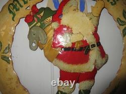 Mid Century Folk Art Metal Santa Wreath 22 Heavy Torch Cut Hand Painted with Bag