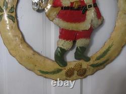 Mid Century Folk Art Metal Santa Wreath 22 Heavy Torch Cut Hand Painted with Bag